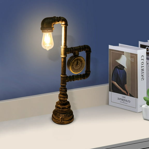 Steampunk Industrial Vintage Rust Iron Water Pipe Desk Table Lamp with Clock Decor