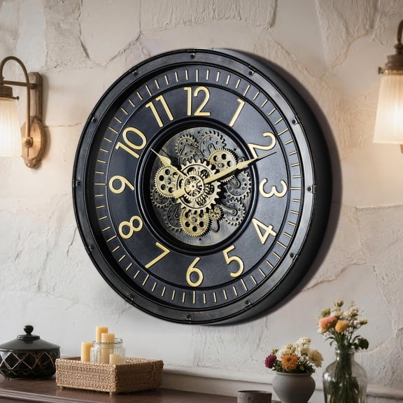 Steampunk Industrial Wall Clock With Visible Moving Gears Black 24 Inch