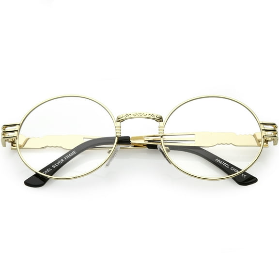 Steampunk Inspired Oval Eye Glasses Unique Engraved Metal Detail Clear Lens 60mm (Gold / Clear )