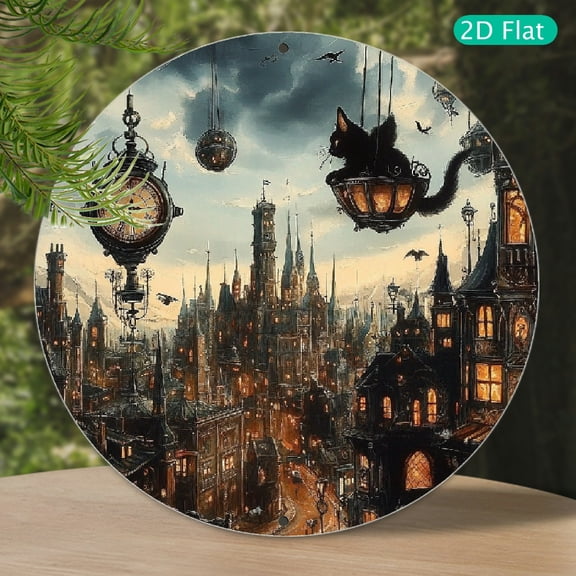 Steampunk-Inspired Round Aluminum Wall Art - Vintage Cityscape With Airships & Clockwork Devices | Perfect For Home, Office, Or Party Decor
