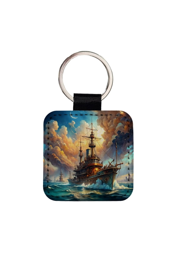 Steampunk Iron Warship Fantasy Sci-fi Watercolor Faux Leather Square Keychain
