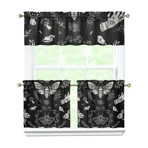 Steampunk Kitchen Curtains 3-Piece Set - Mystical Cosmic Sunburst & Constellation Rod Pocket Window Panels, Goth Aesthetic Tier & Valance (White Semi-Sheer Fabric)