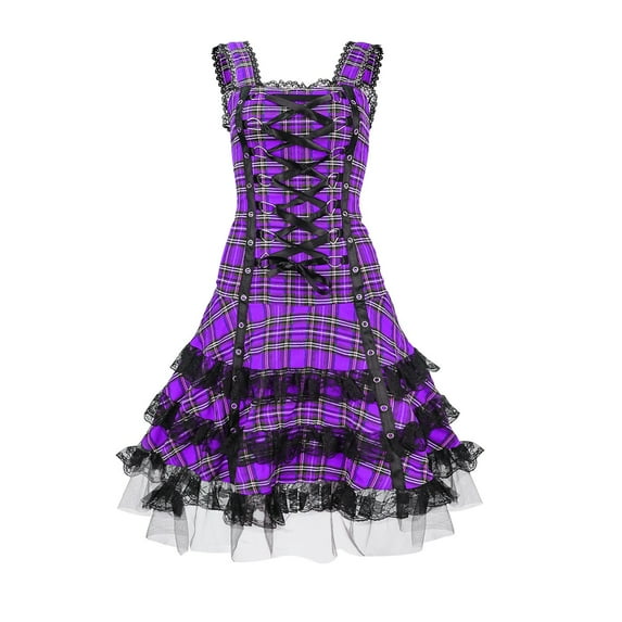 Steampunk Lace-Up Plaid Dress for Women Medieval Renaissance Corset Mini Dress Sleeveless Lace Trim Gothic Costumes, 2XL