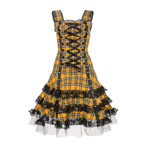 Steampunk Lace-Up Plaid Dress for Women Renaissance Corset Mini Dress Sleeveless Lace Trim Gothic , 3XL