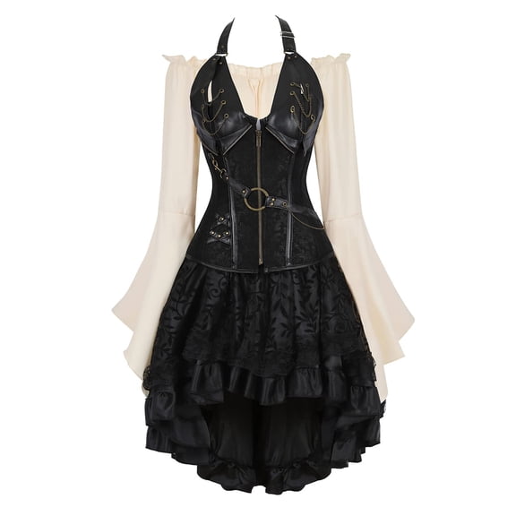 Steampunk Leather Boned Corset with Gothic Skirt and Beige Renaissance Blouse Black S