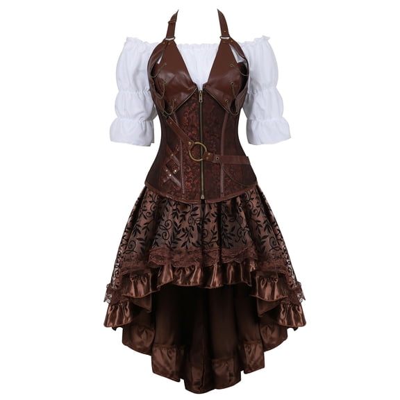 Steampunk Leather Corset 3 Piece Outfits for Women Bustiers Goth Lace Pirate Retro White Blouse Brown L