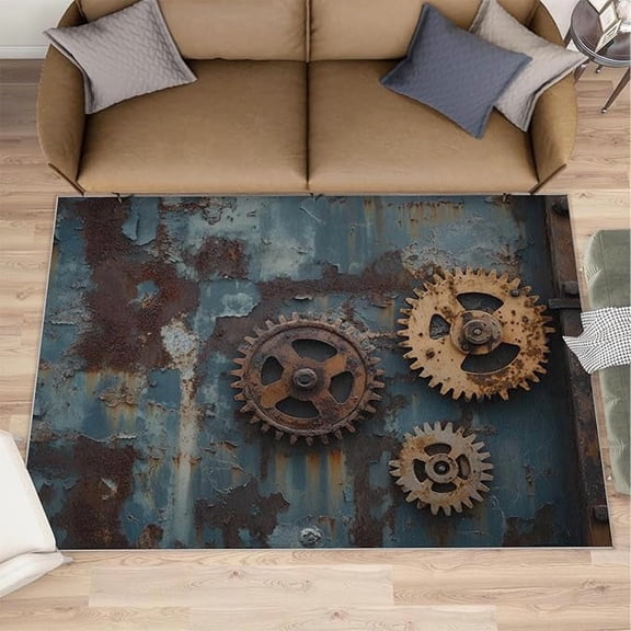 Steampunk Living Room Rug, Steampunk Gears Washable Rugs for Bedroom, Retro Mechanic Home Decor & Gifts, Non Slip Stain Resistant Rugs 1x2ft