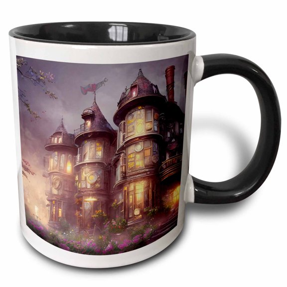 3drose, Steampunk Mansion Scene, 11oz Two-tone Black Mug