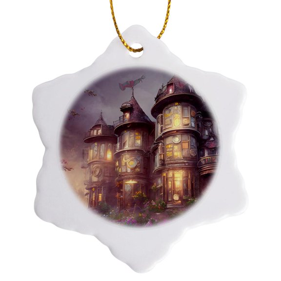 3drose, Steampunk Mansion Scene, 3 inch Snowflake Porcelain Ornament