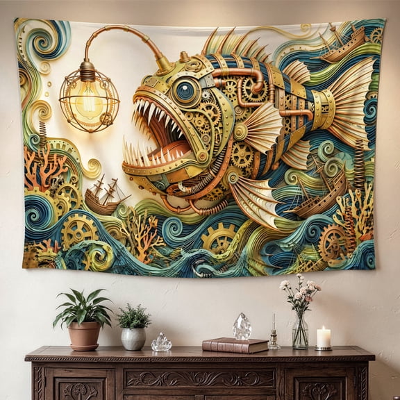 Steampunk Mechanical Anglerfish Deep Sea Ocean Wall tapestry, Large size Printed Horizontal Tapestry blanket, Polyester Fabric Wall Hanging for living room, bedroom, No Installation Required, Indoor,