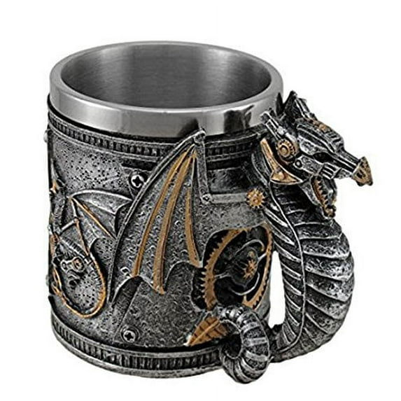Steampunk Mechanical Dragon Silver Coffee Mug Stainless Steel New by Unbranded