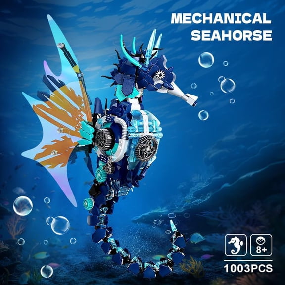 Steampunk Mechanical Seahorse Sculpture - 1003pcs Articulated Ocean Machine Model, Victorian Bio-Engineering Collectible, Compatible with Major Brick Brands, Adult Display Piece for Home Office