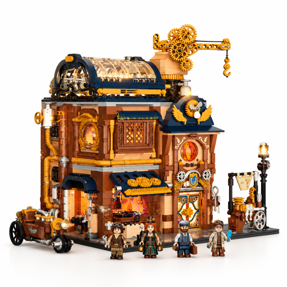 Steampunk Mechanical Workshop Lighting Modular Building Block Set, 2006 Sky-lane Repair Shop