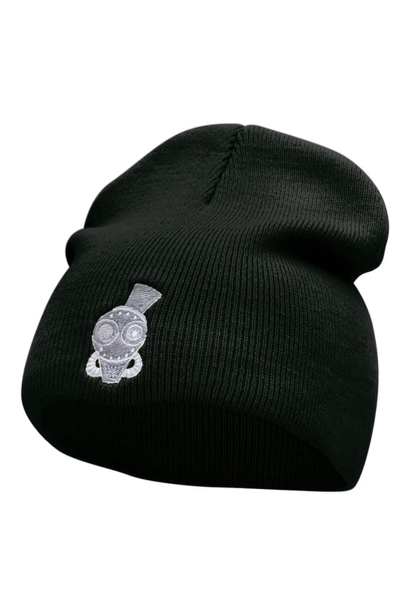 Steampunk Metal Portrait Embroidered Short Knitted Beanie - Black OSFM
