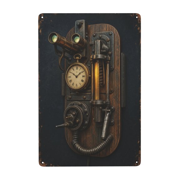 Steampunk Metal Wall Decor Sign with Vintage Clock and Telescope Design, 8x12 Inch - Iron Home Decor, Easy Hanging, Weather Resistant, Rustic Industrial Style for Indoor/Outdoor Use