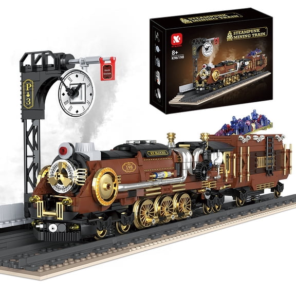 Steampunk Mining Train Building Blocks Set, 2-in-1 Steam Locomotive & Clock Tower Model Kit, 40x10.8x30cm Box / 64.3x15x21cm Assembled, 1.97kg, Compatible Creative Gift for Teens & Adults