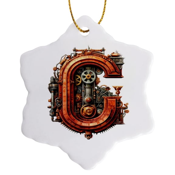3drose, Steampunk Monogram Initial C, 3 inch Snowflake Porcelain Ornament
