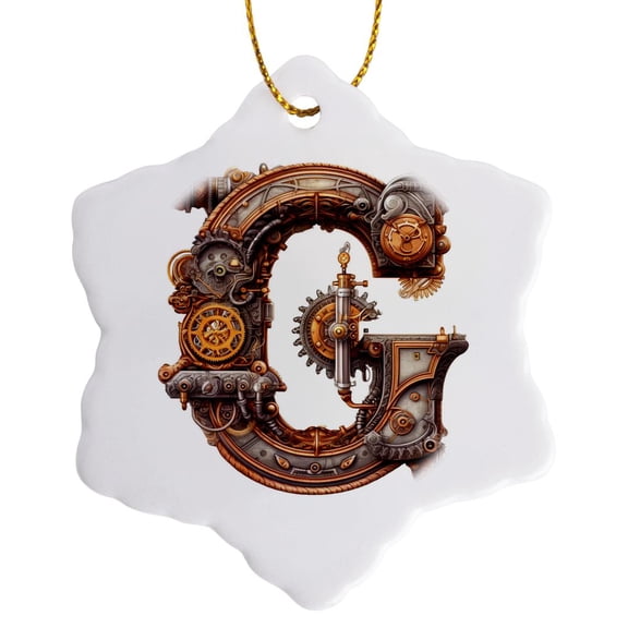 3drose, Steampunk Monogram Initial G, 3 inch Snowflake Porcelain Ornament