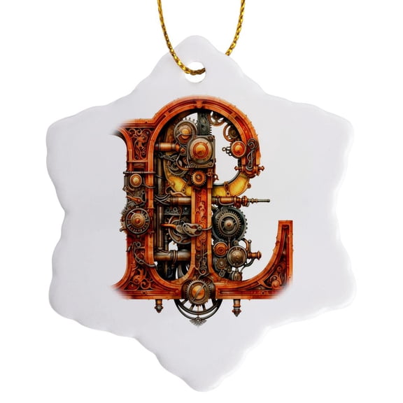 3drose, Steampunk Monogram Initial L, 3 inch Snowflake Porcelain Ornament