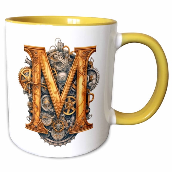 3drose, Steampunk Monogram Initial M, 11oz Two-tone Yellow Mug