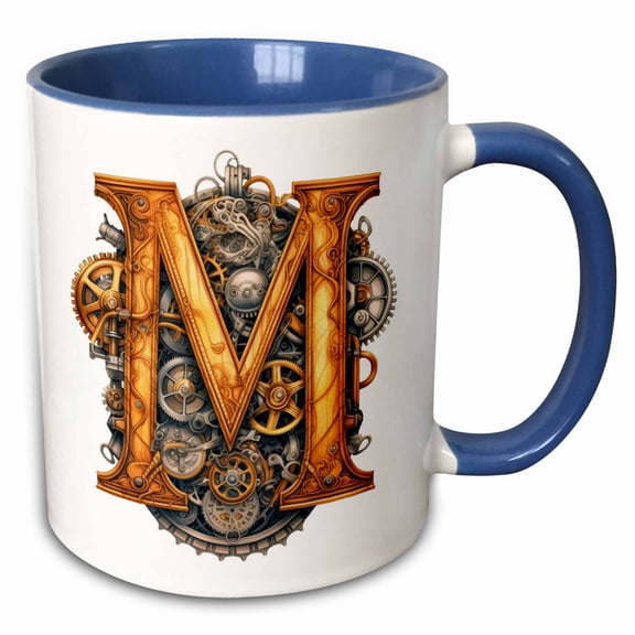 3drose, Steampunk Monogram Initial M, 15oz Two-tone Blue Mug