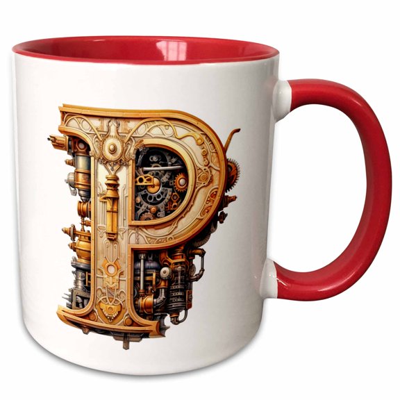 3drose, Steampunk Monogram Initial P, 11oz Two-tone Red Mug