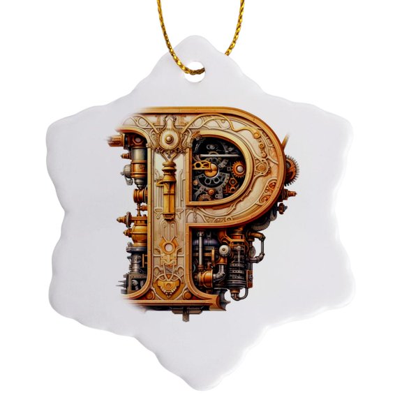 3drose, Steampunk Monogram Initial P, 3 inch Snowflake Porcelain Ornament