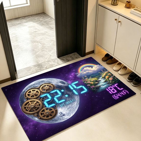 Steampunk Moon Gear Clock Floral Stream Temp HUD Doormat, Kitchen Backyard Entry Rug, Halloween Surreal Starry Fantasy Nature Decor Gift