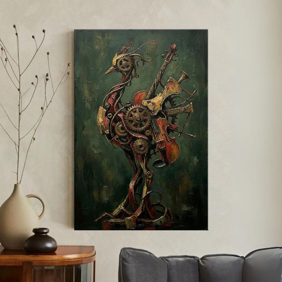 Steampunk Musical Bird Print Mechanical Violin Art Industrial Gear Surreal Decor, Unframed Paper Poster 8x10in