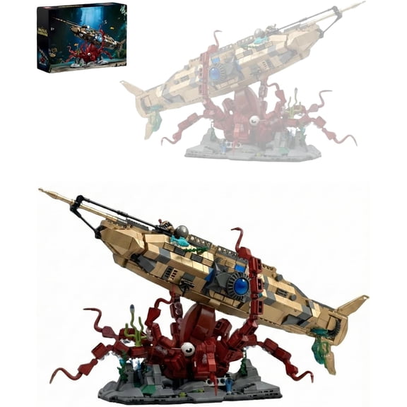 Steampunk Nautilus Submarine Building Set with Giant Octopus Display Stand, Retro Mechanical Undersea Adventure Model Kit for Adults, Desk Decor Compatible with Major Brick Brands