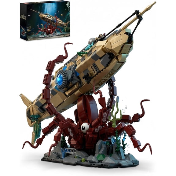 Steampunk Nautilus Submarine Building Set with Giant Octopus Display Stand, Retro Mechanical Undersea Adventure Model Kit for Adults, Desk Decor Compatible with Major Brick Brands