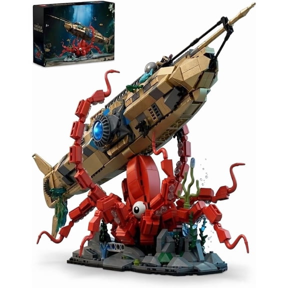 Steampunk Nautilus Submarine Building Set with Giant Octopus Display Stand, Retro Mechanical Undersea Adventure Model Kit
