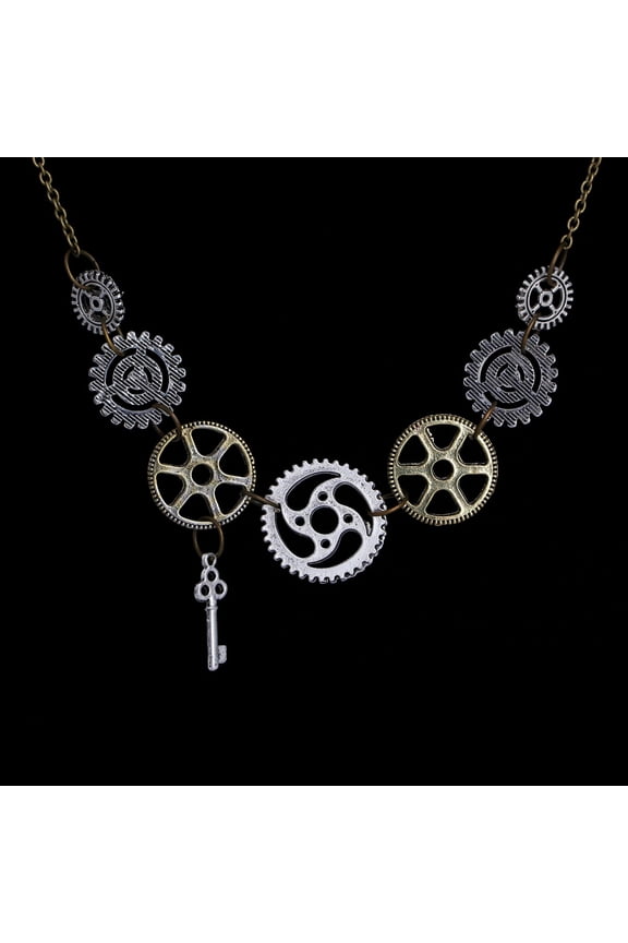 Steampunk Necklace for Women Unique Handmade Punk Gothic Vintage Antique Mix-tone Gold Silver Cog Key Clockwork Steam Gear Pendant Necklace Halloween Accessories Jewelry Gifts