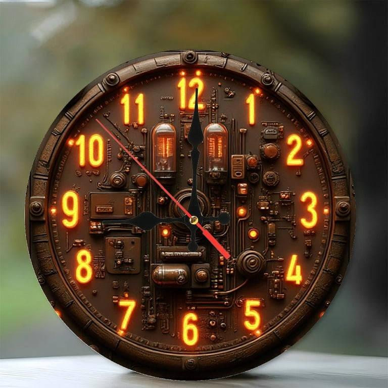Steampunk Nixie Tube Clock Wall Decor 10-Inch Silent Wooden Wall