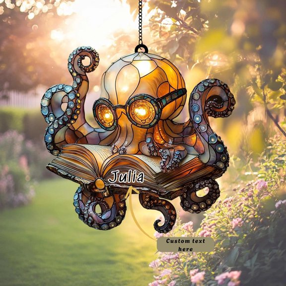 Steampunk Octopus Acrylic Suncatcher Window Light Catcher Christmas Santa Hat Scholar Glow Goggles Reading Book Gift Decor