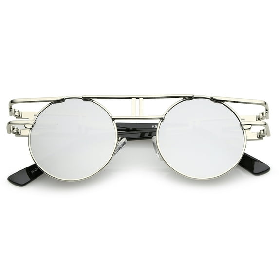 Steampunk Open Metal Frame Brow bar Flat Lens Round Glasses 47mm (Silver / Silver Mirror)