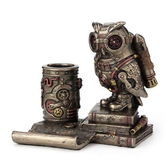 Veronese Design 5 1/4 Inch Steampunk Owl Cell Phone Holder Pen Holder Resin Sculpture Bronze Finish Statue Desk Stand Home Decor Aviation Bird Animal Gift