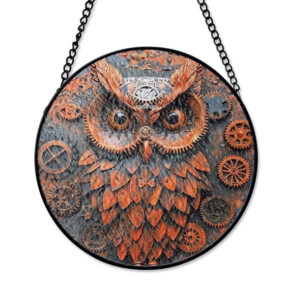 Steampunk Owl Mechanical Bird Stained Glass Suncatcher UV Printed Glass Industrial Sci Fi Fantasy Decor Round