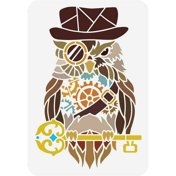 Steampunk Owl Stencil 8.3x11.7inch Reusable Painting Stencil Owl with Key Hat Glass Animal Theme Stencil Hollow Out Stencil Reusable Painting Stencil