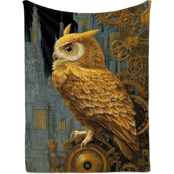 Steampunk Owl Tapestry Wall Hanging, Golden Mechanical Bird Art Wall Decor for Living Room, Office, or Industrial Fantasy Space 40x60inch