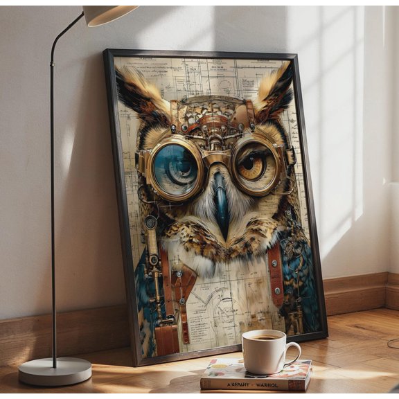Steampunk Owl Victorian Goggle Bird Blueprint Study Decor Wall Art Poster , Poster Print Only