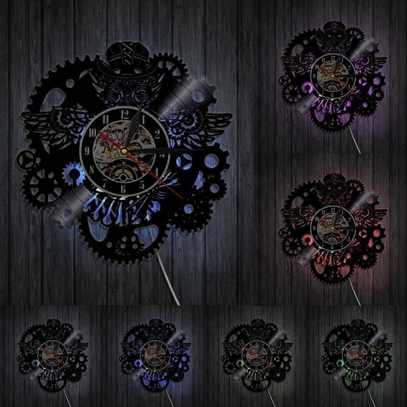 Steampunk Owl Wall Art Wall Clock Vintage Vinyl Record Clock Home Decor Gear Cog Night Owl Steampunk Personalized Wall Watch With LED