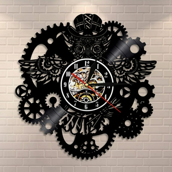 Steampunk Owl Wall Art Wall Clock Vintage Vinyl Record Clock Home Decor Gear Cog Night Owl Steampunk Personalized Wall Watch