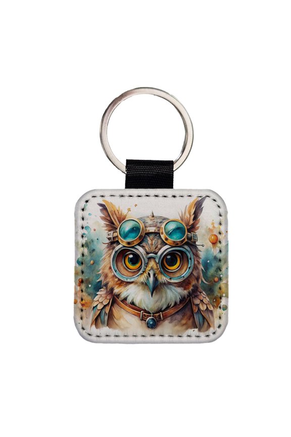 Steampunk Owl With Goggles Fantasy Sci-fi Watercolor Faux Leather Square Keychain