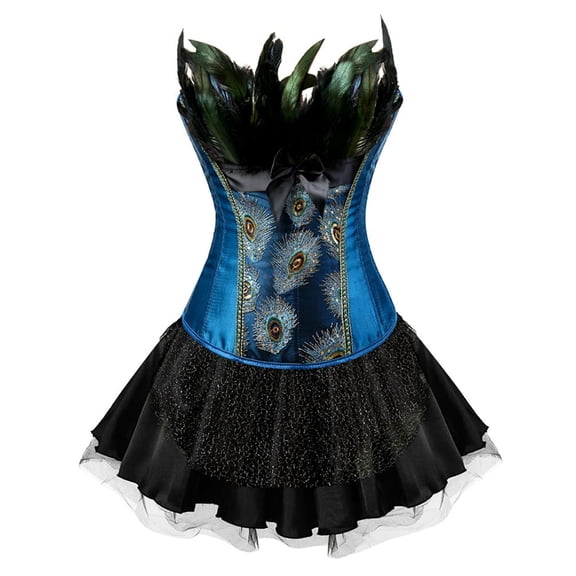 Steampunk Peacock Bustiers Corset with Skirt Women Party Set Blue Black 3XL