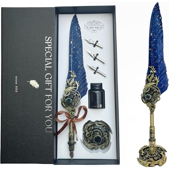 Steampunk Pen and Ink Set with Box, Quill Pen for Writing, Calligraphy Pen Set for Office Supplies, Birthday, Wedding, Christmas (Blue)
