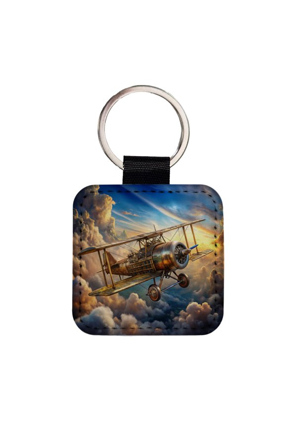 Steampunk Plane Airship in Cloudy Sky Fantasy Sci-fi Faux Leather Square Keychain
