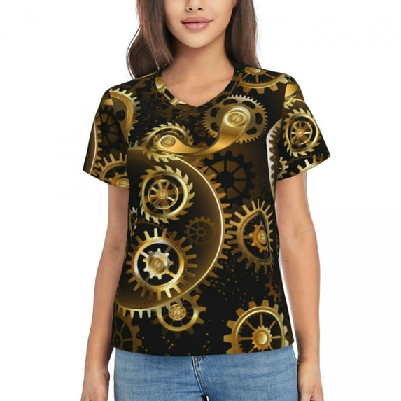 Steampunk Print T-Shirt Female Gear Style Cool V Neck T-Shirts Short Sleeve Tshirt Sexy Design Tees Big Size
