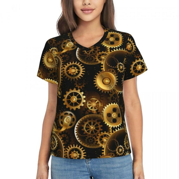 Steampunk Print T-Shirt Female Gear Style Cool V Neck T-Shirts Short Sleeve Tshirt Sexy Design Tees Big Size