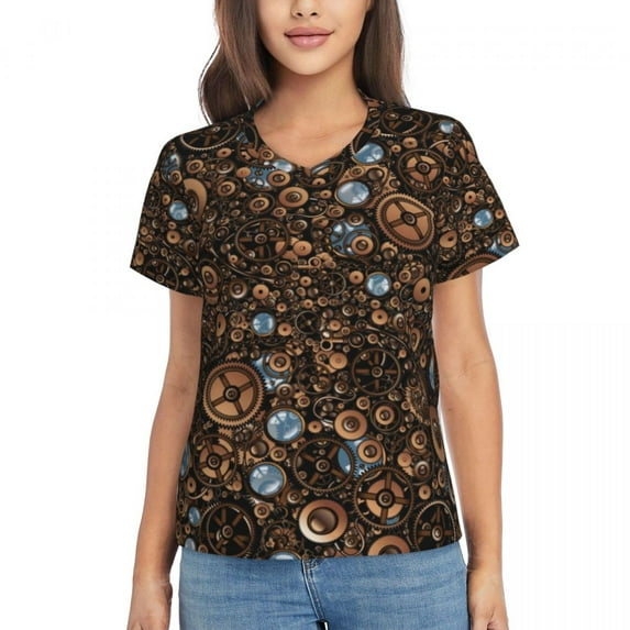 Steampunk Print T-Shirt Female Gear Style Cool V Neck T-Shirts Short Sleeve Tshirt Sexy Design Tees Big Size
